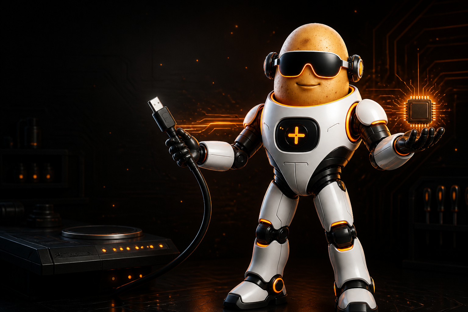Tater holding a USB cable and presenting a glowing firmware chip